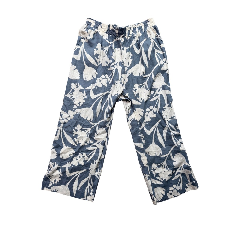 Emerson Rose Linen Pants Womens XL Blue Floral Wide Leg Elastic Waist EUC